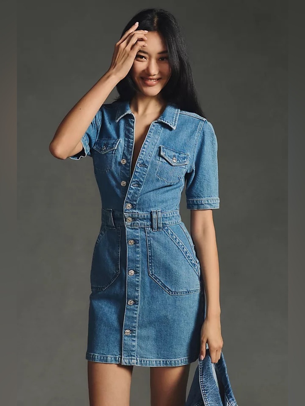 Paige x Anthropologie Mayslie Denim Button-Front Shirt Dress in Medium Blue